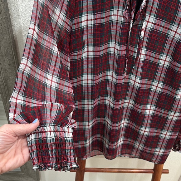 Talbots Red and White Smocked Tie Front Blouse - Picture 4 of 5